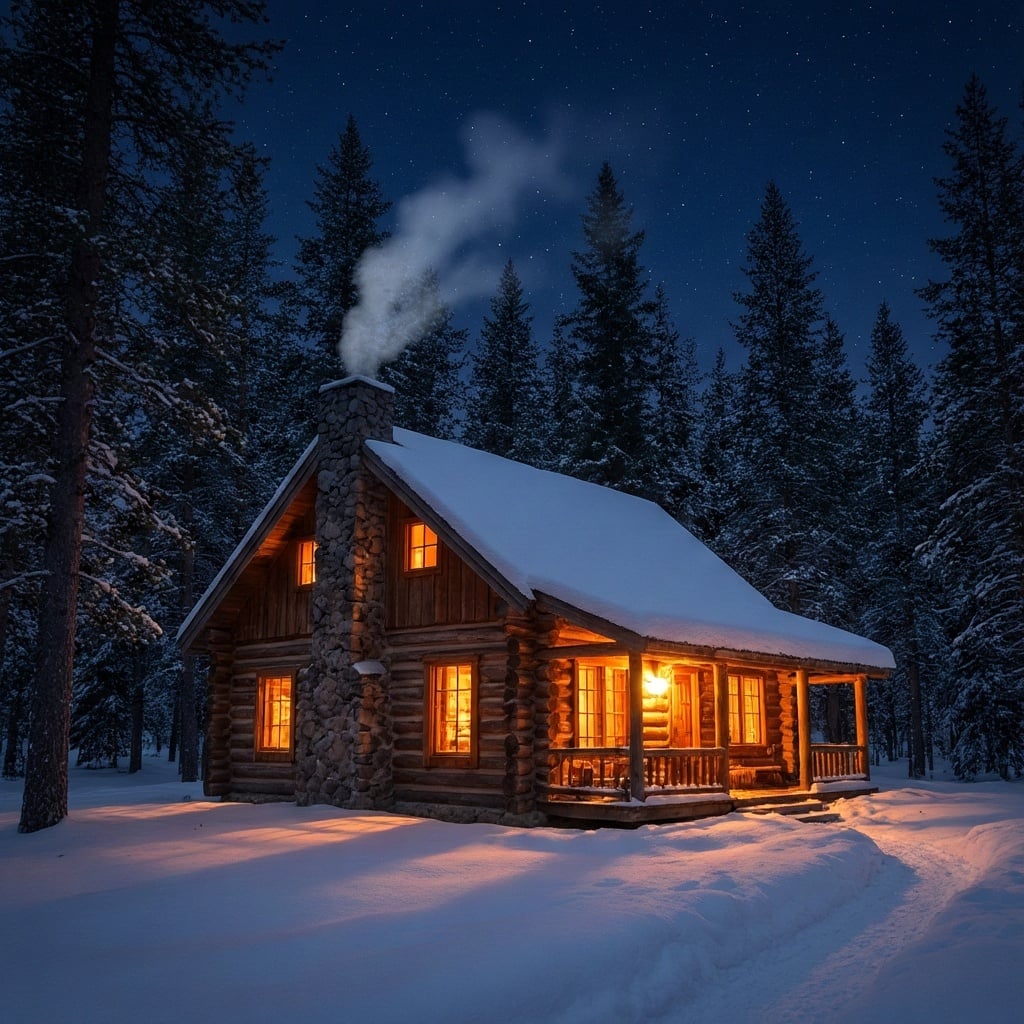 a cozy log cabin in a snowy pine forest, warm light glowing in the windows at night