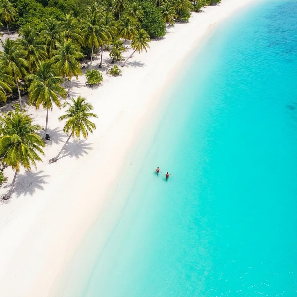 a tropical beach with turquoise water and leaning palm trees, aerial view