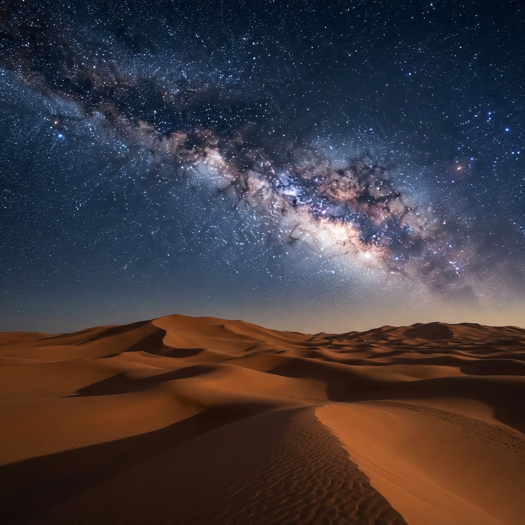 a starry night sky and the milky way over rolling desert sand dunes