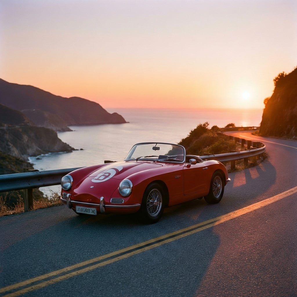 a classic sports car parked on a scenic coastal mountain road at sunset