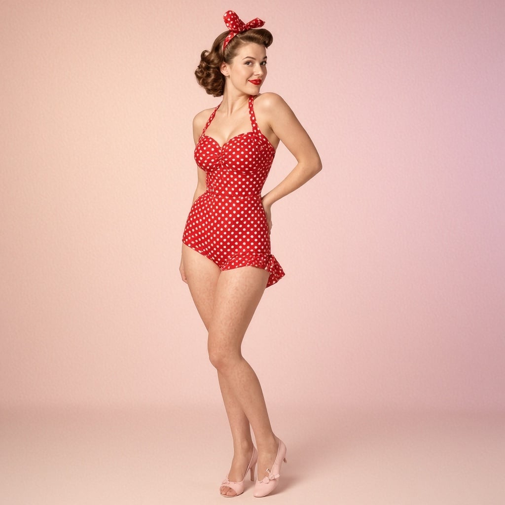 Glamour pinup of a woman in her late 20s in a retro polka-dot swimsuit, 1950s styling, playful pose, soft pastel backdrop, vintage Hollywood lighting, crisp detail, photorealistic