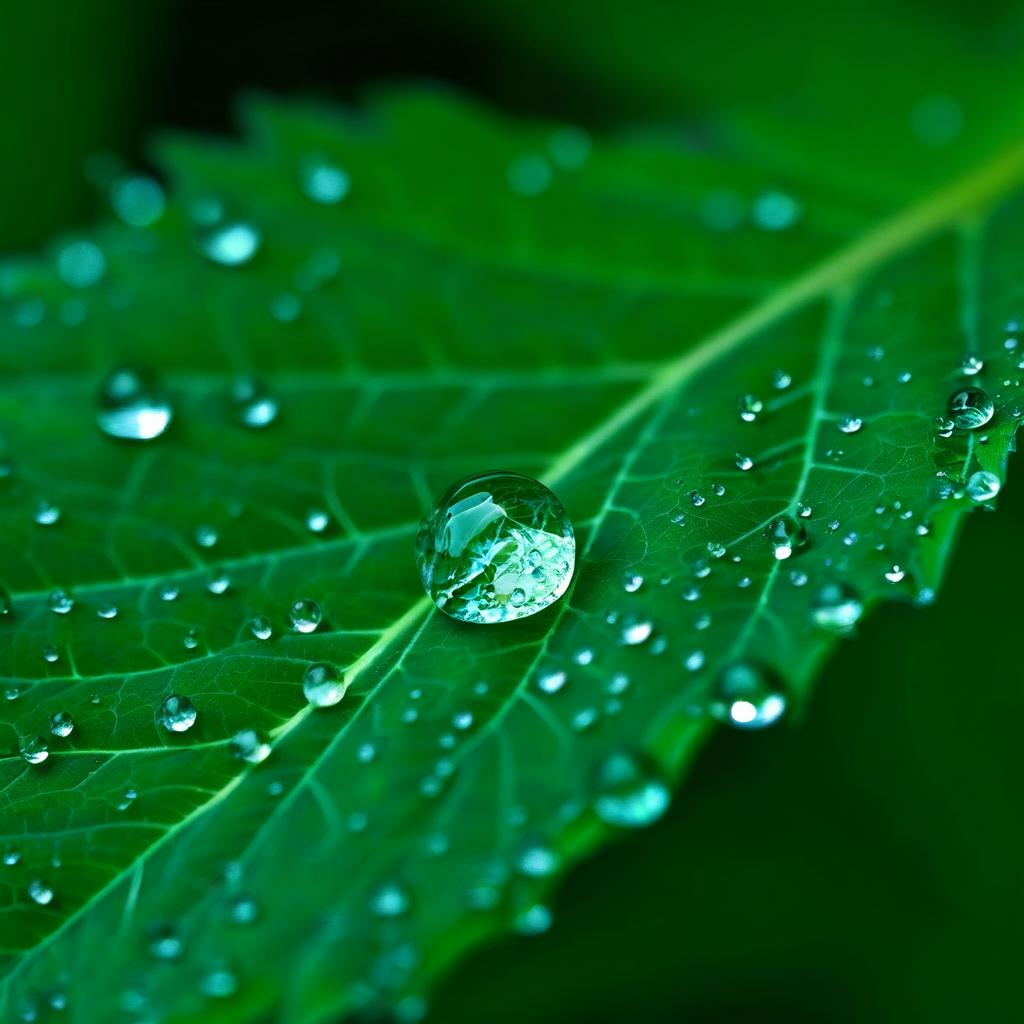 A macro close-up of a dewdrop on a green leaf at dawn, intricate detail, gentle bokeh background