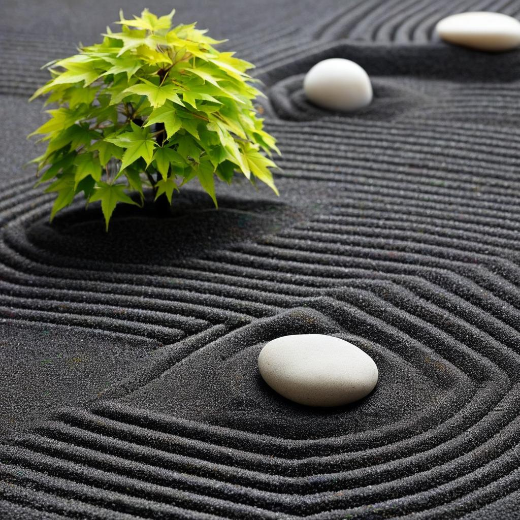 A tranquil Zen garden with raked sand, smooth stones, and a single maple tree, minimalist and peaceful