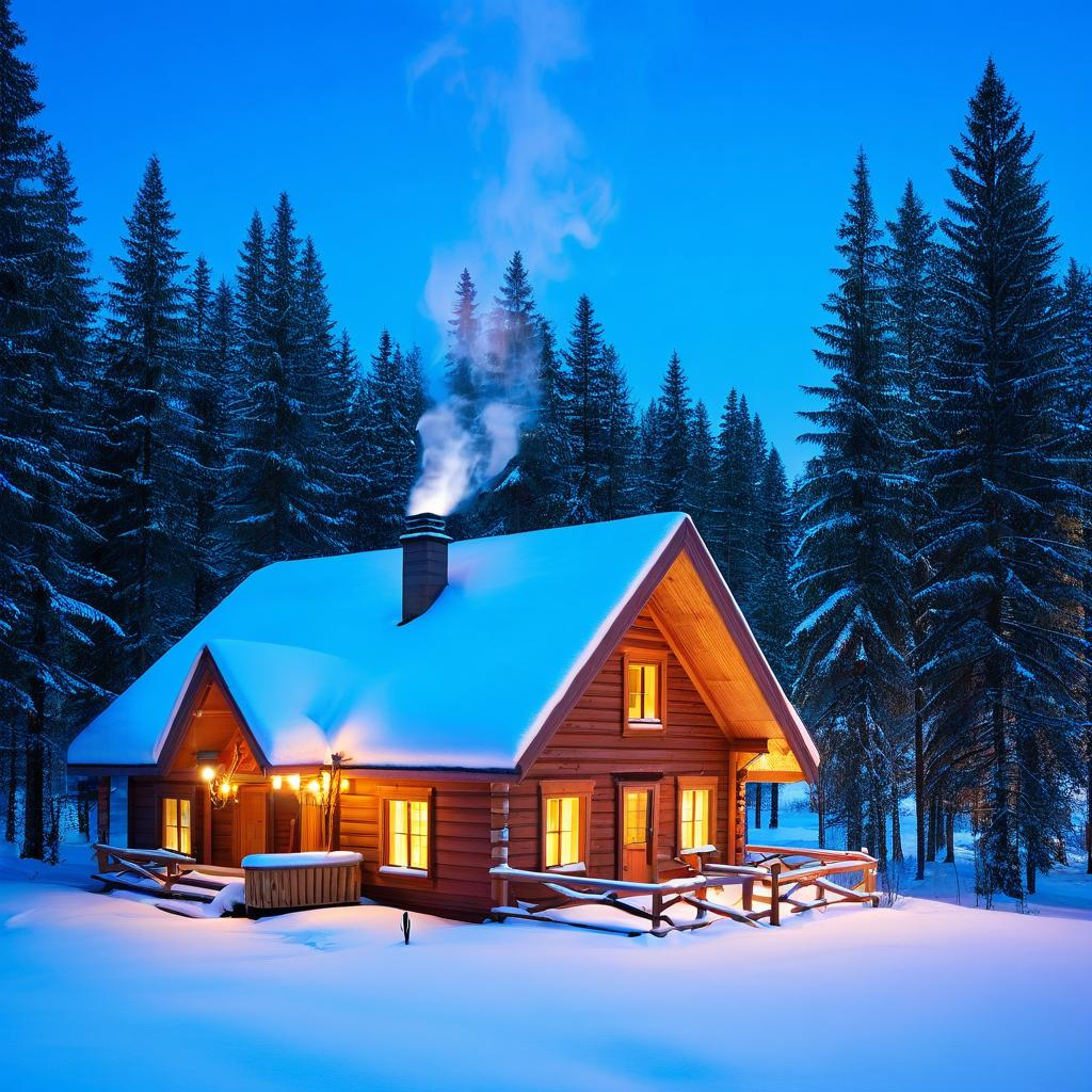 A cozy winter cabin glowing warmly in a snowy pine forest at twilight, smoke curling from the chimney, magical