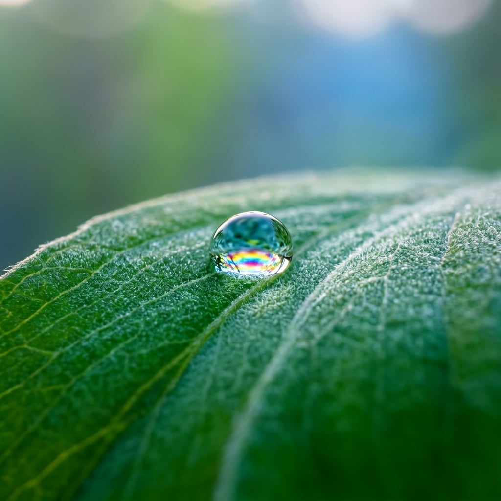 A macro close-up of a dewdrop on a green leaf at dawn, intricate detail, gentle bokeh background