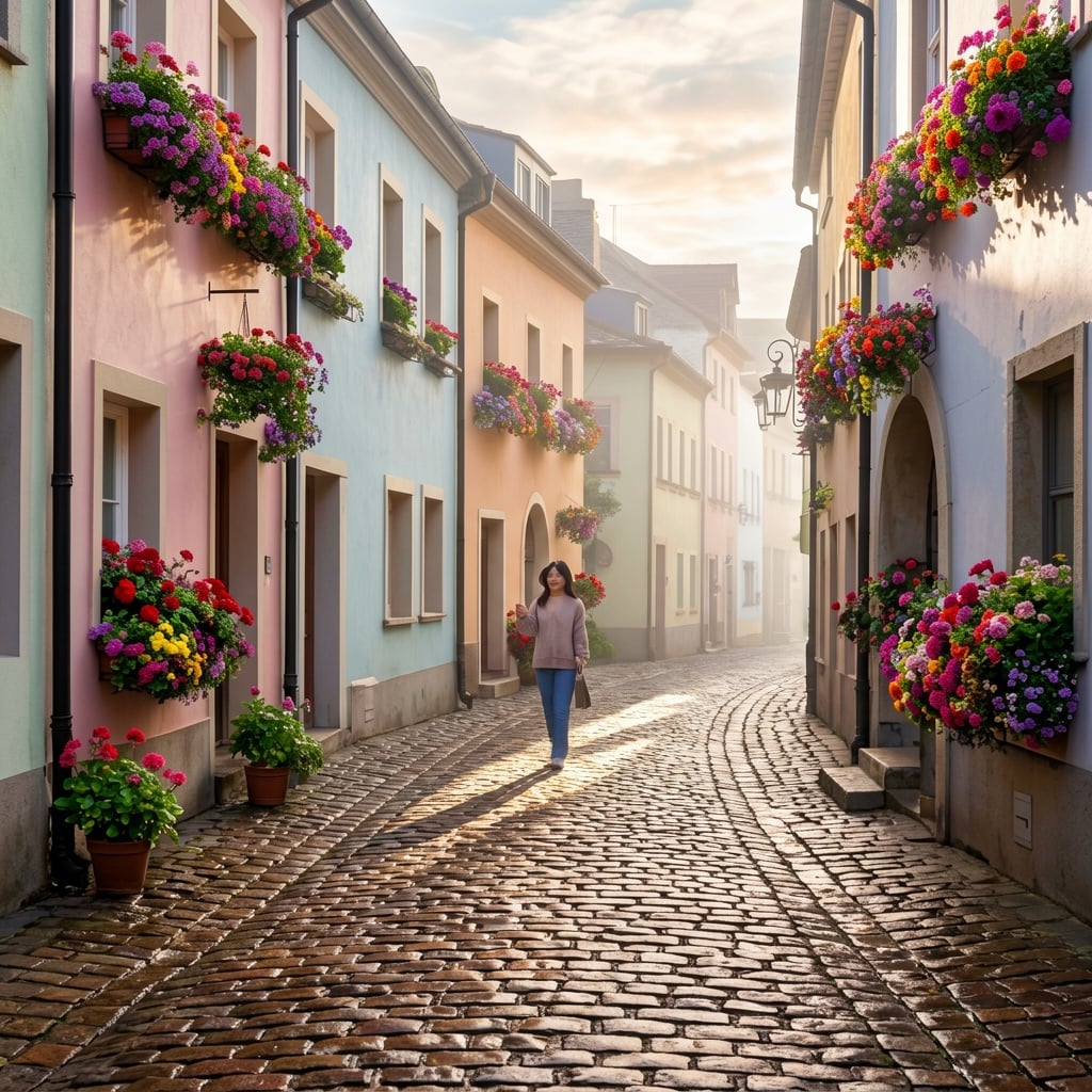 A charming European cobblestone street with flower boxes and pastel buildings, soft morning light, travel photography
