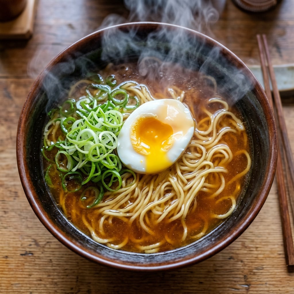 A bowl of fresh ramen with a soft-boiled egg and green onions, steam rising, top-down food photography, appetizing