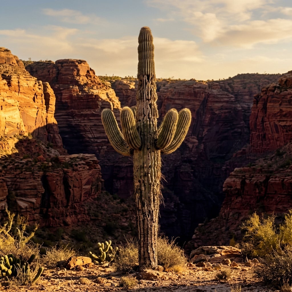 A dramatic desert canyon with layered red-rock formations, deep shadows, golden afternoon light, vast scale