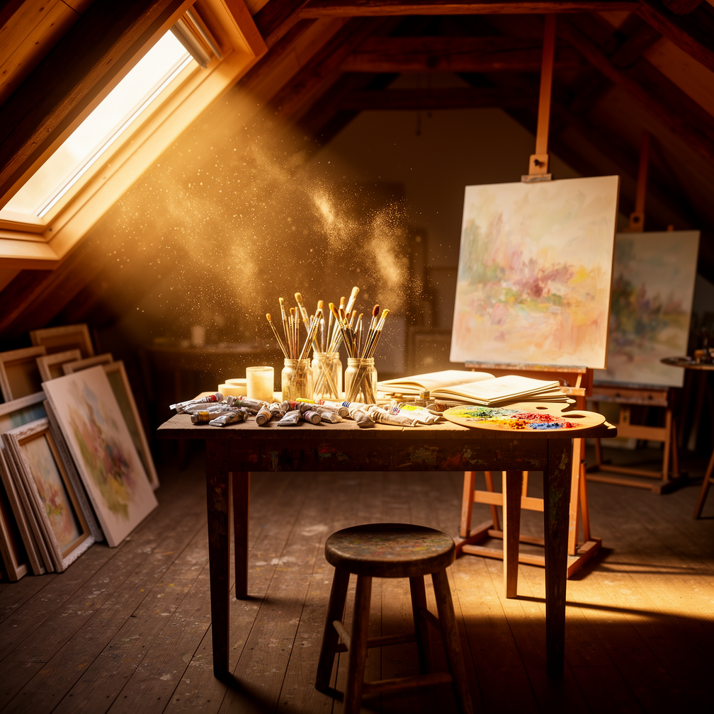 A cozy attic art studio in afternoon sun, canvases and brushes, warm dust motes