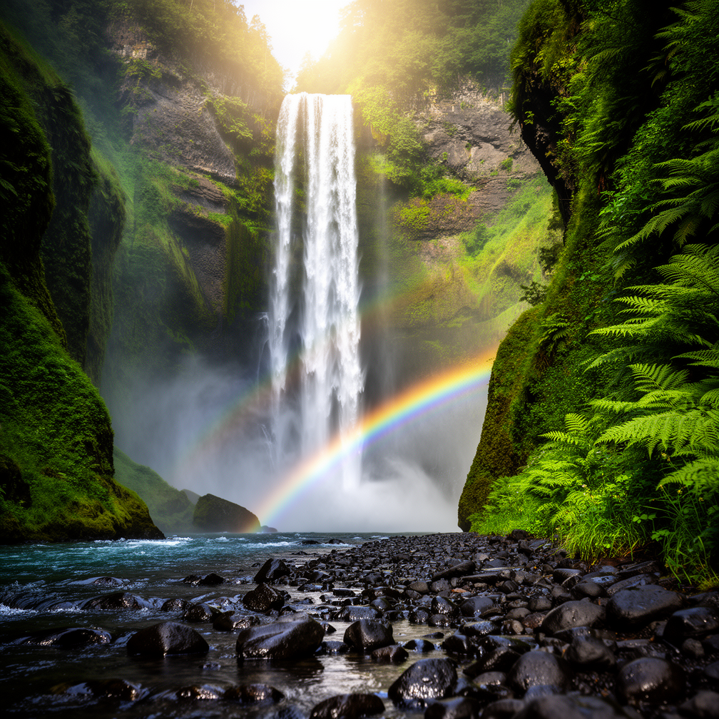 A powerful waterfall through a lush green canyon, mist catching rainbow light
