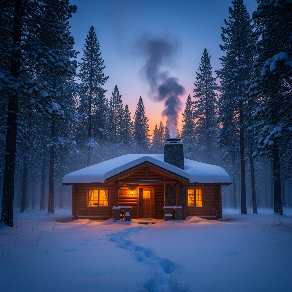 A snow-dusted log cabin glowing in a pine forest at twilight, chimney smoke