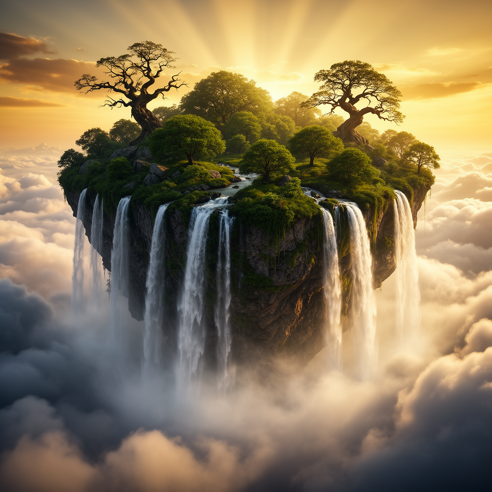 A surreal floating island with waterfalls spilling into clouds, golden light