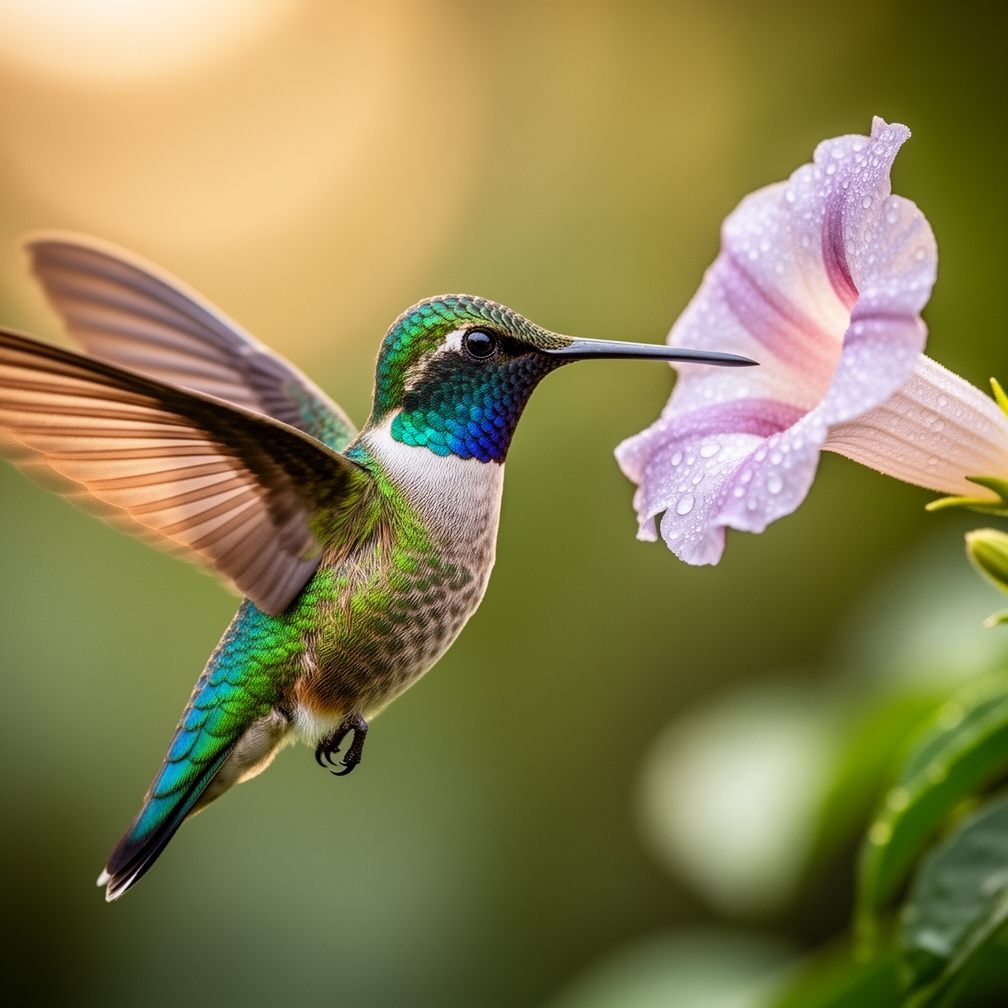 A hummingbird hovering beside a trumpet flower, iridescent feathers, macro