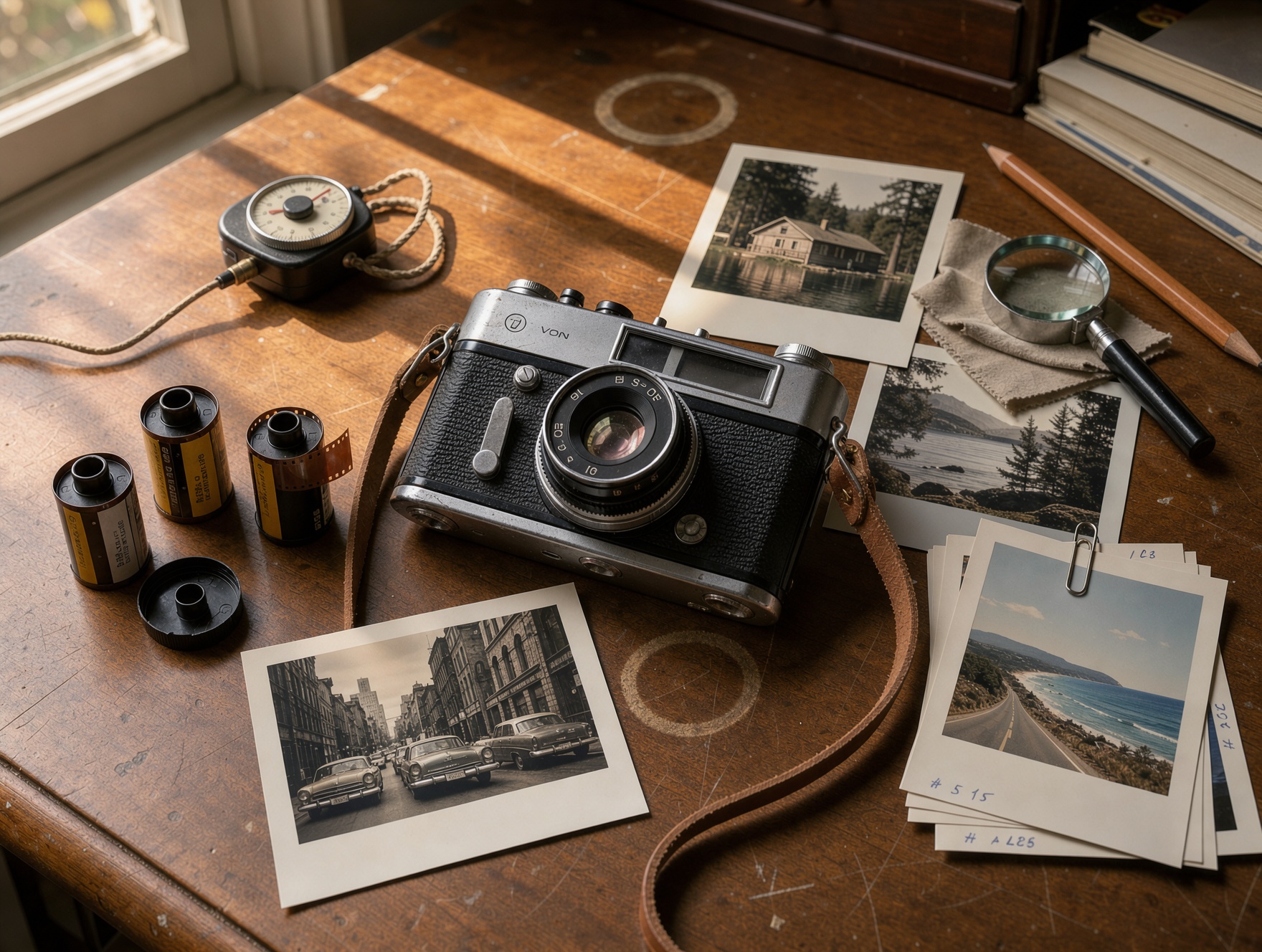A vintage film camera and rolls of film on a wooden desk next to printed photographs, nostalgic mood