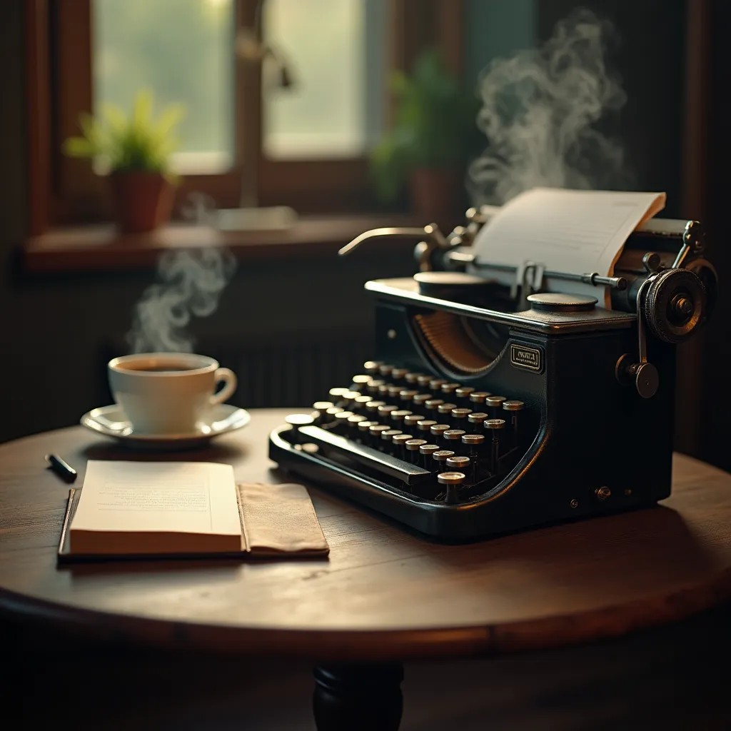 A vintage typewriter beside a steaming coffee and open notebook, cinematic light