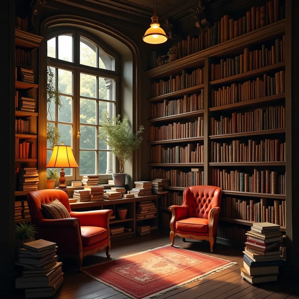 A cozy bookshop interior with warm lamplight and towering shelves, reading nook
