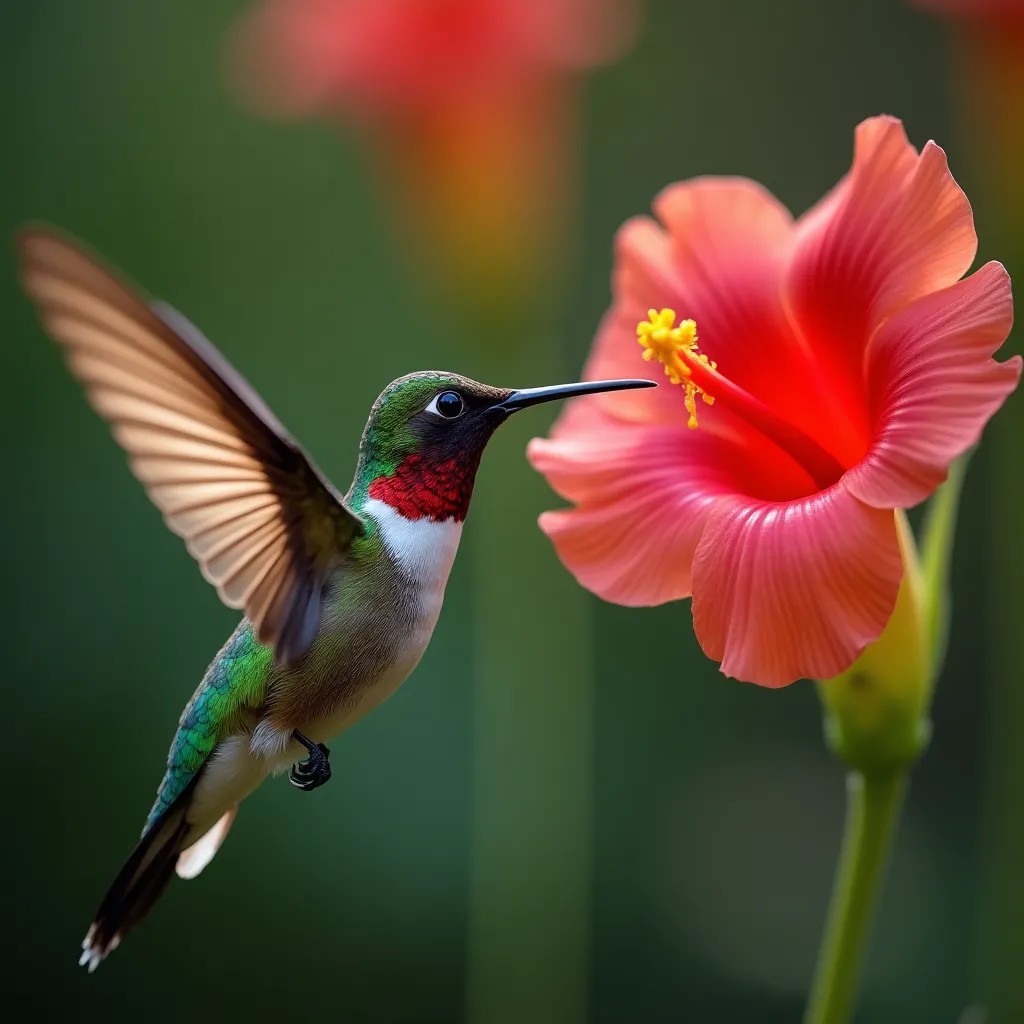 A hummingbird hovering beside a trumpet flower, iridescent feathers, macro