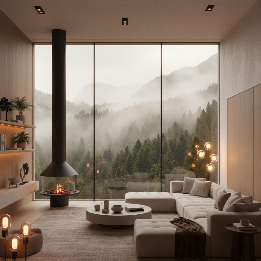 A modern living room with floor-to-ceiling windows over a misty forest, warm light