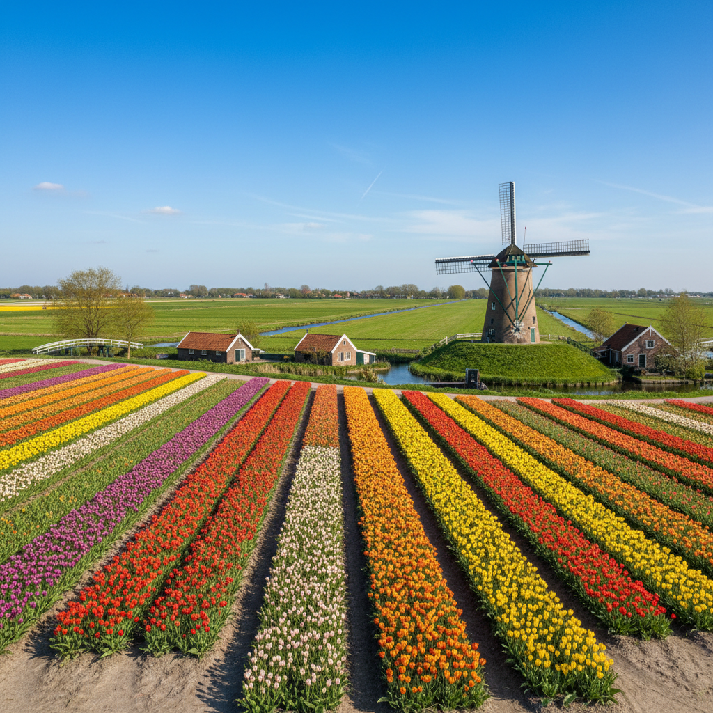 A field of vibrant tulips toward a windmill, bright blue sky, Dutch countryside