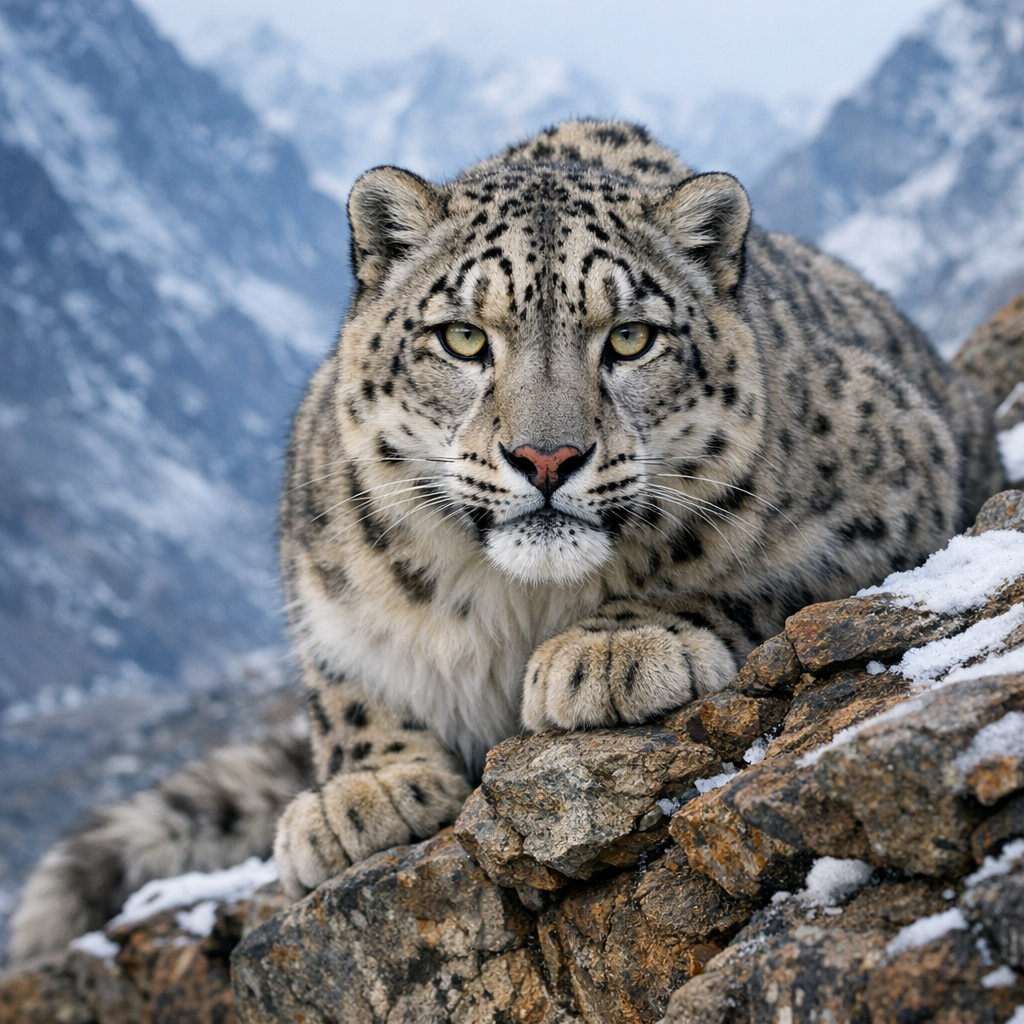 A snow leopard on a rocky Himalayan ledge, piercing eyes, crisp wildlife photography