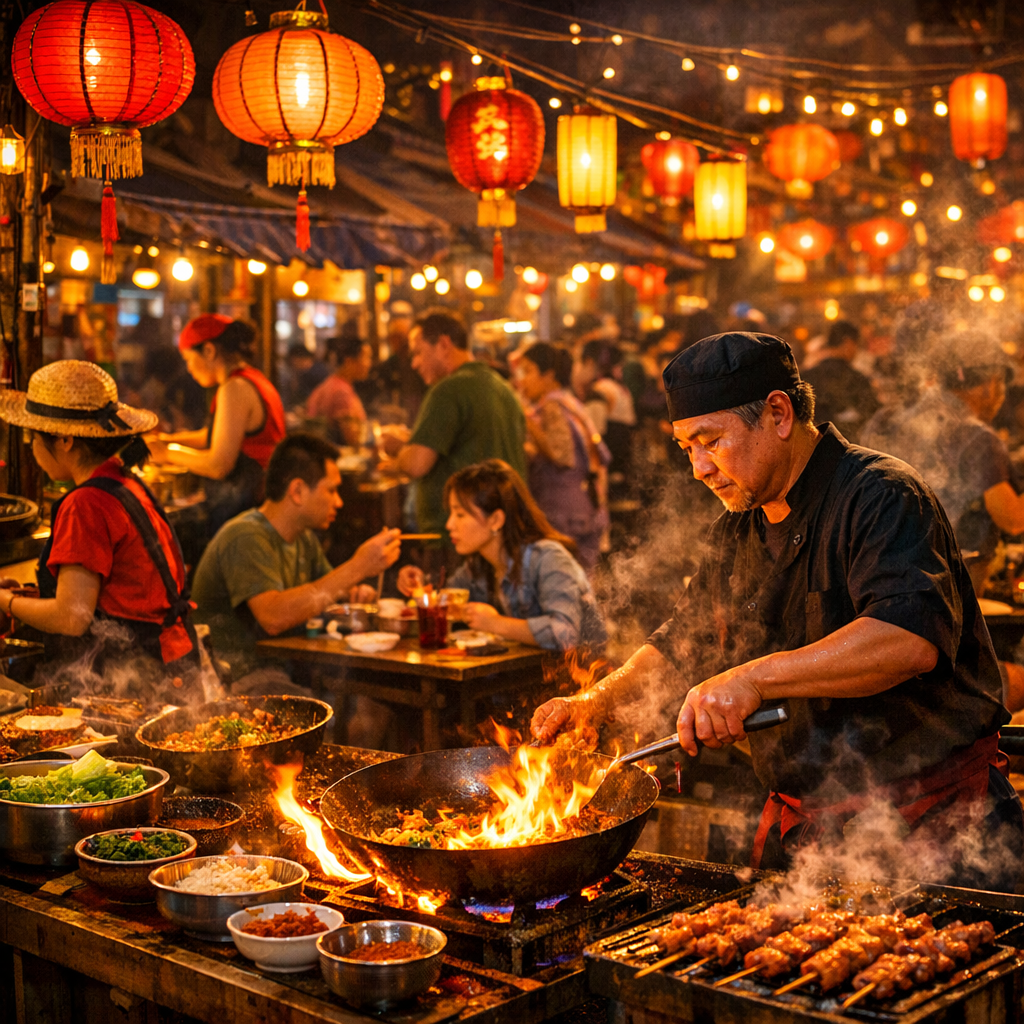 A vibrant night street food market, glowing lanterns and sizzling woks, rich color
