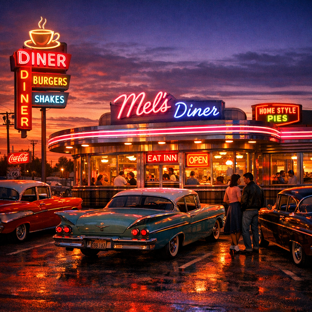 A retro 1960s diner at dusk, neon signs glowing, classic cars, nostalgic tones