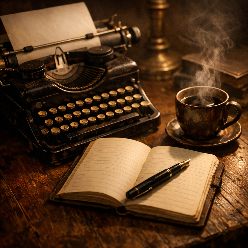 A vintage typewriter beside a steaming coffee and open notebook, cinematic light