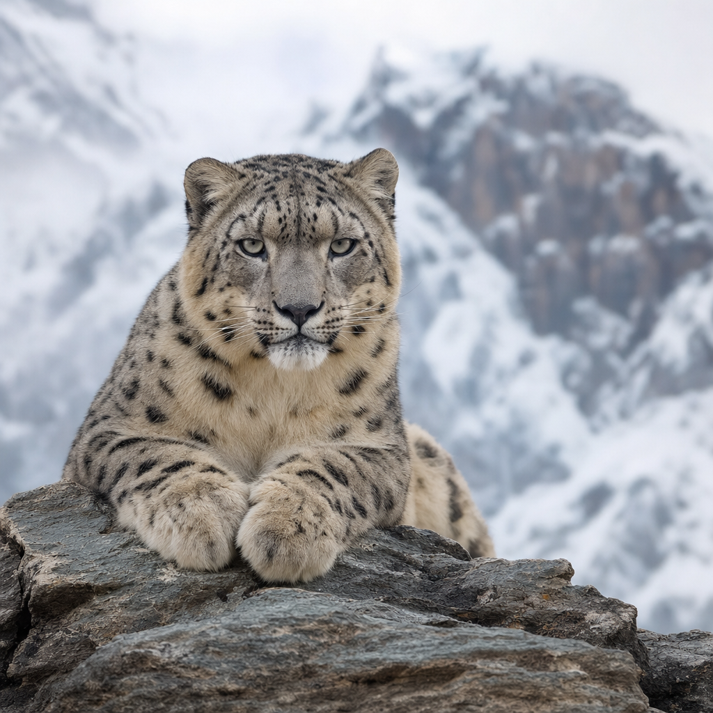 A majestic snow leopard resting on a rocky Himalayan ledge, piercing eyes, crisp wildlife photography