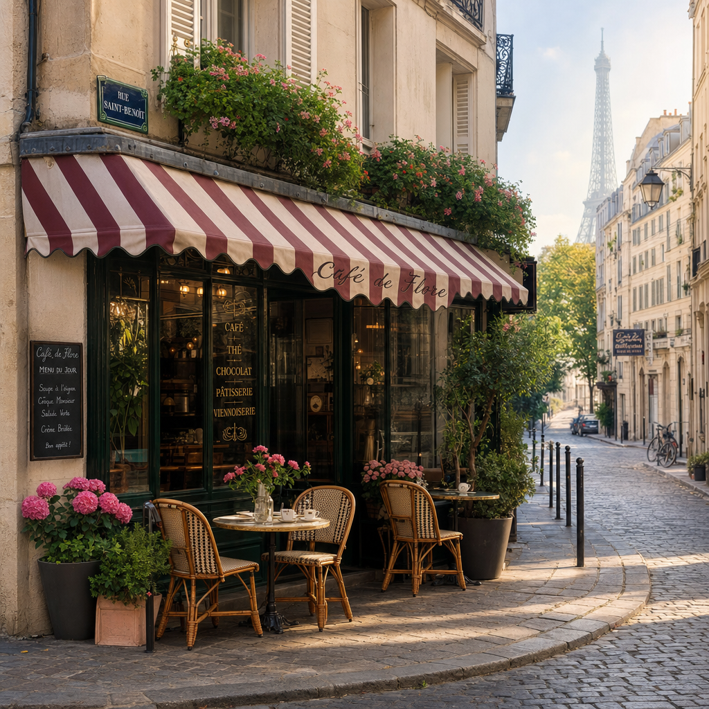 A charming Parisian cafe corner with a striped awning and flowers, cobblestone street, soft morning light