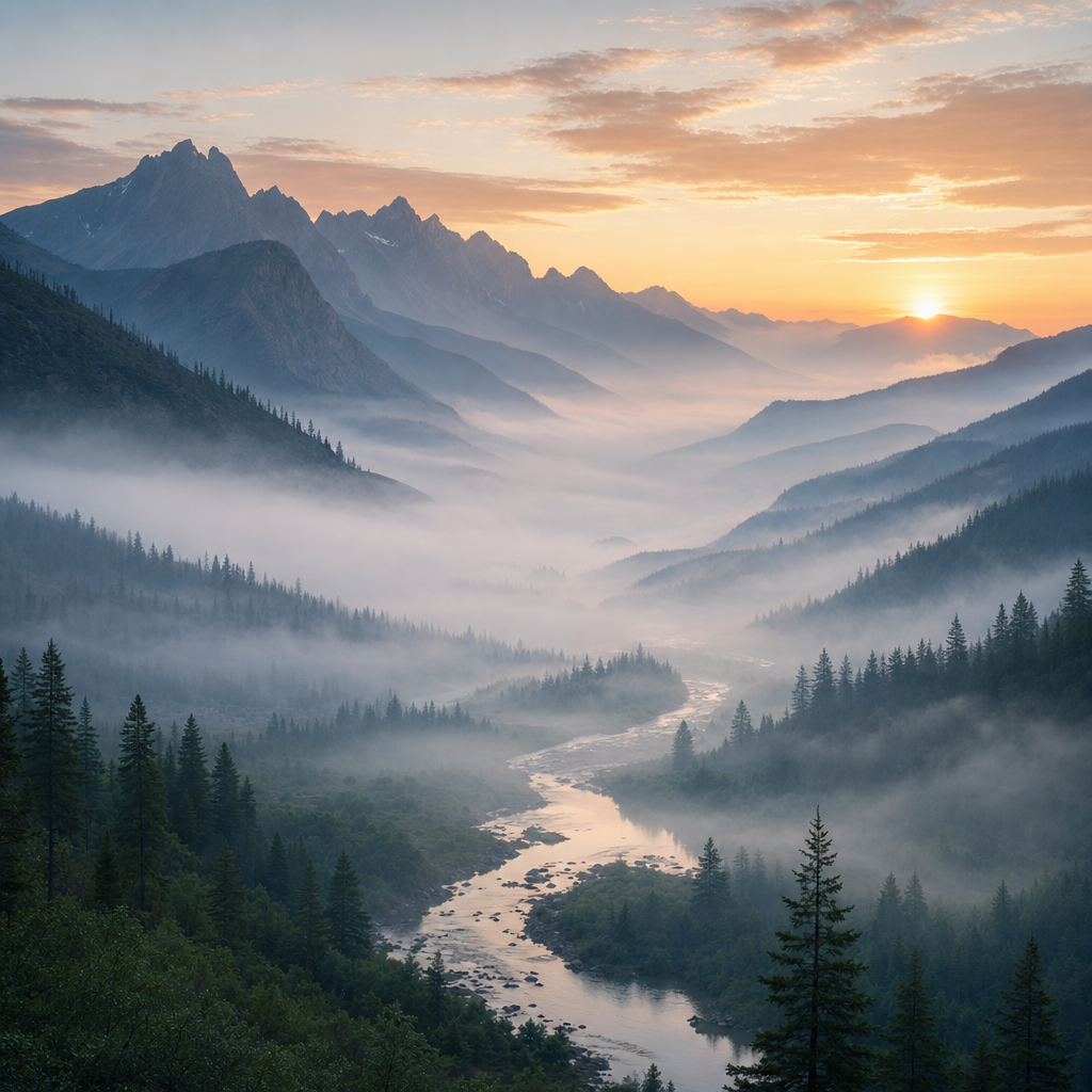 A misty mountain valley at dawn, layered ridgelines, a winding river through pine forest, soft light