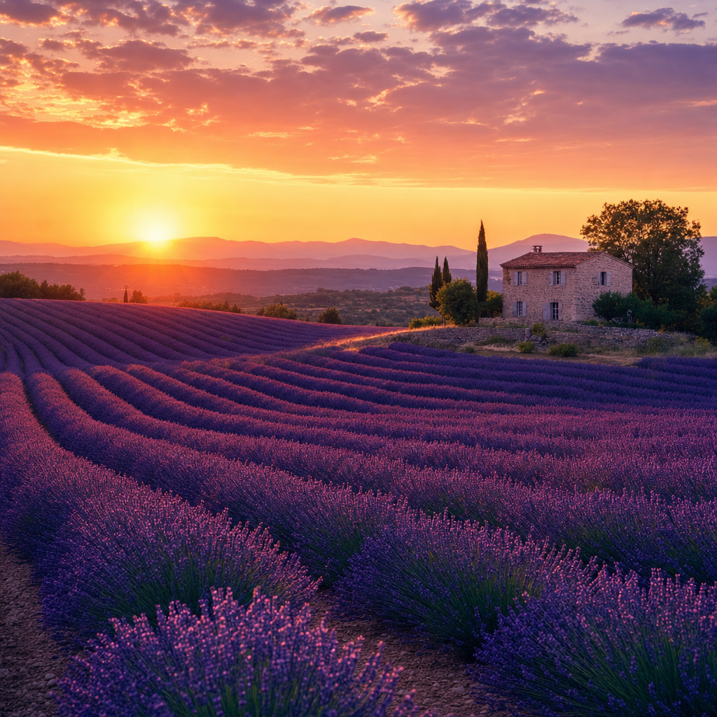 A calm lavender field at sunset, rolling purple rows toward distant hills, dreamy golden light