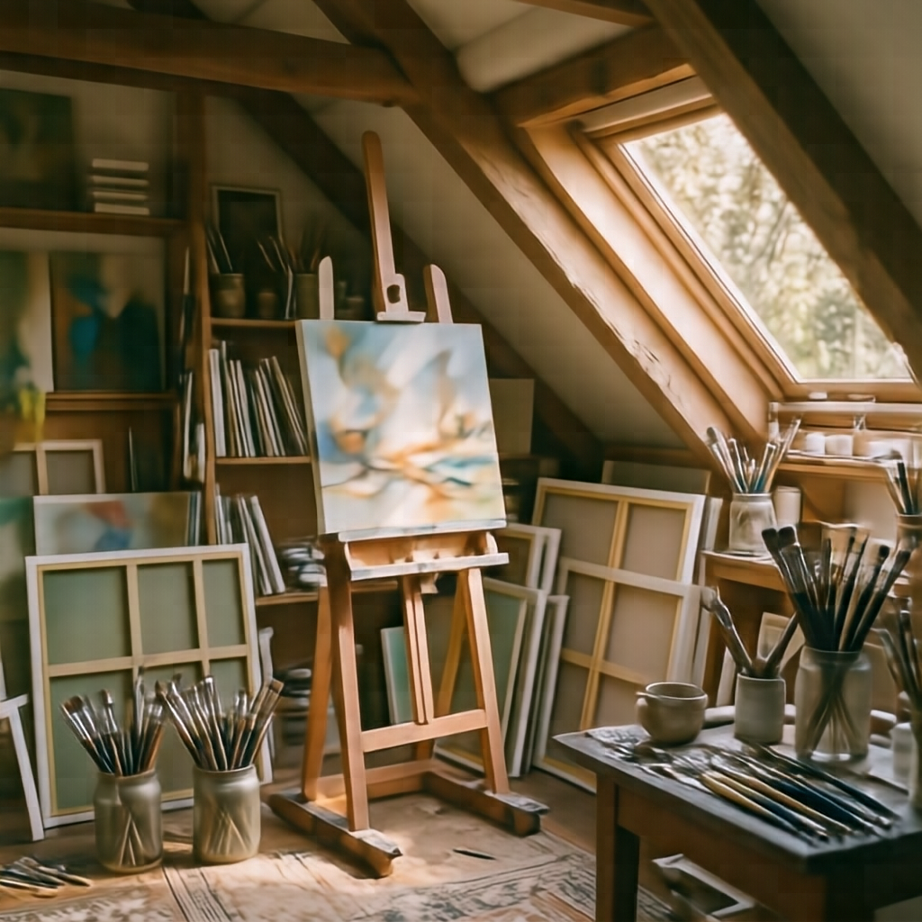 A cozy attic art studio bathed in afternoon sun, canvases and brushes everywhere, warm dust motes in the light