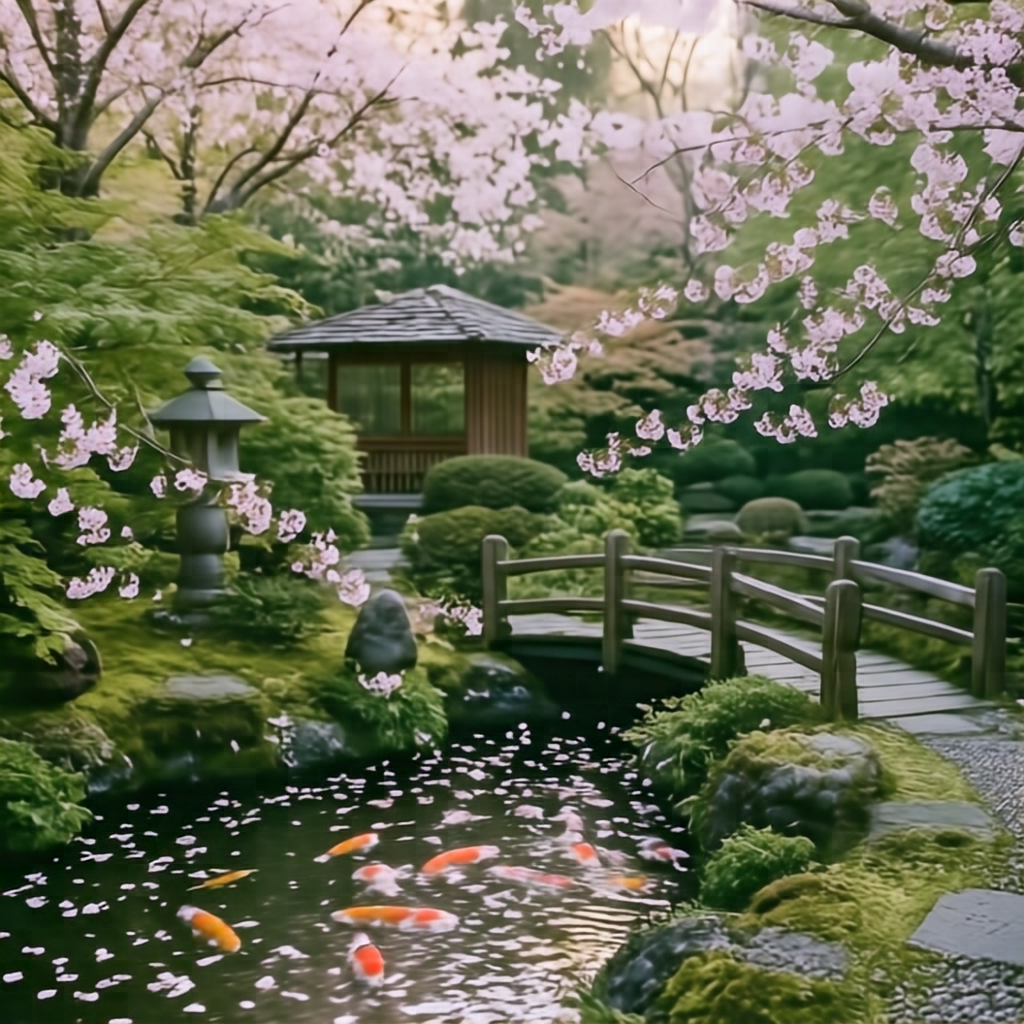 A serene Japanese tea garden in spring, cherry blossoms drifting over a koi pond, soft morning light, highly detailed