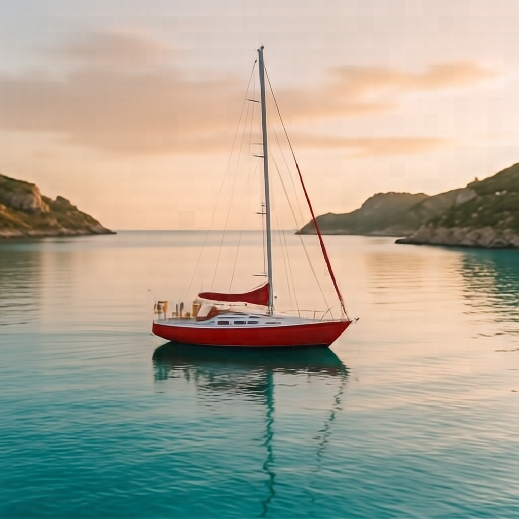 A lone red sailboat on a calm turquoise sea at golden hour, minimalist composition, gentle reflections