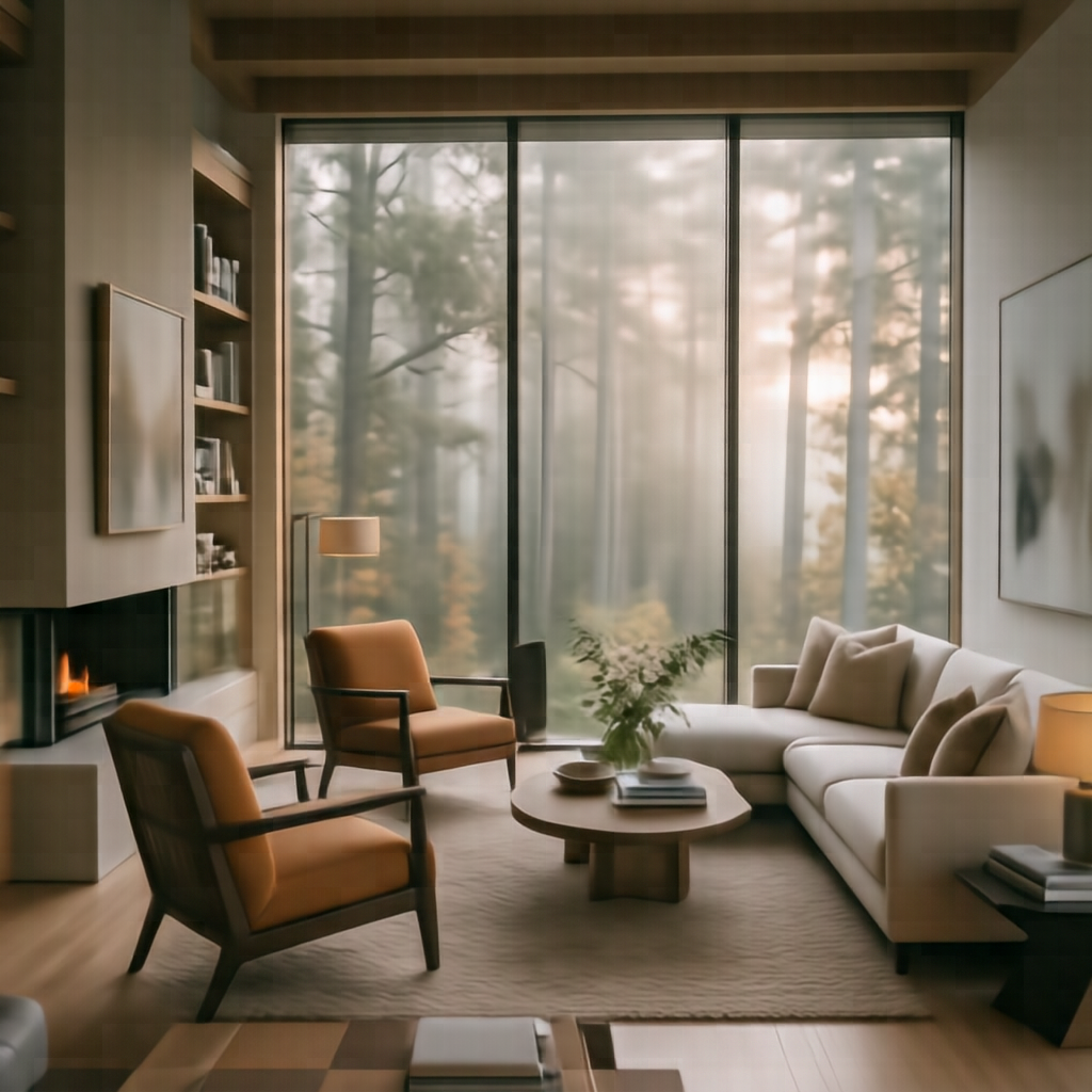 An elegant modern living room with floor-to-ceiling windows overlooking a misty forest, warm natural light