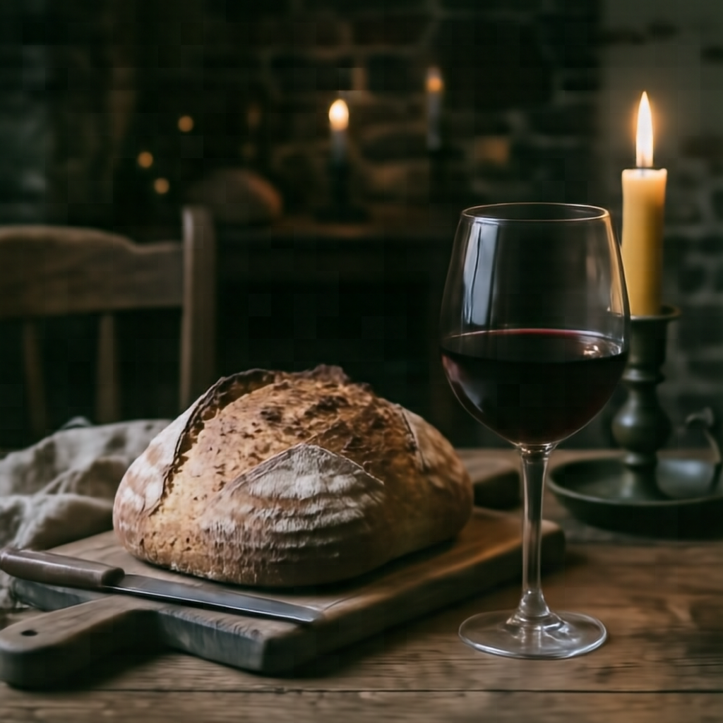 A rustic loaf of crusty bread and a glass of red wine on a wooden table, candlelit, moody food photography