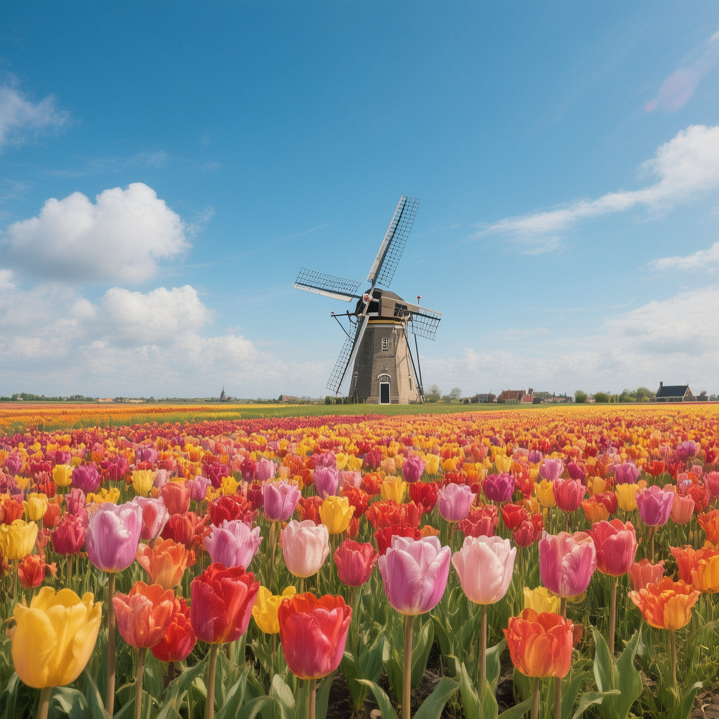 Example: A field of vibrant tulips stretching to a windmill on the horizon