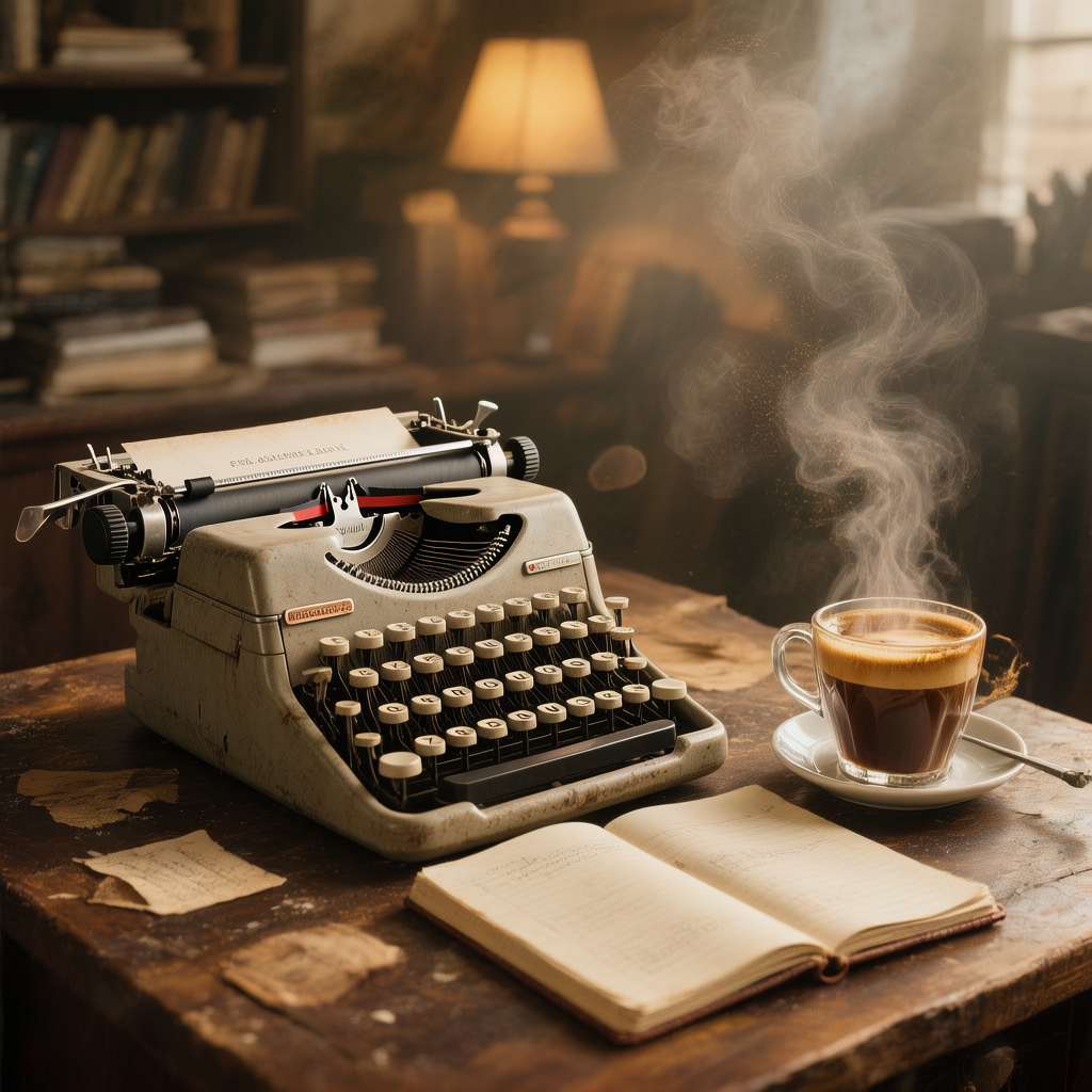 A vintage typewriter on a desk beside a steaming coffee and an open notebook, warm cinematic lighting