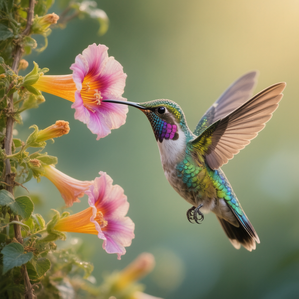 A delicate hummingbird hovering beside a trumpet flower, iridescent feathers, crisp macro photography
