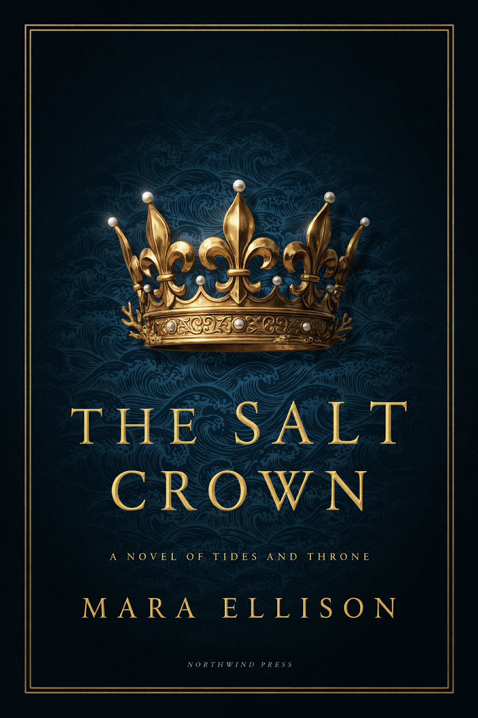 Book cover for a fantasy novel "The Salt Crown" by "Mara Ellison", ornate gold crown on deep navy, foil lettering