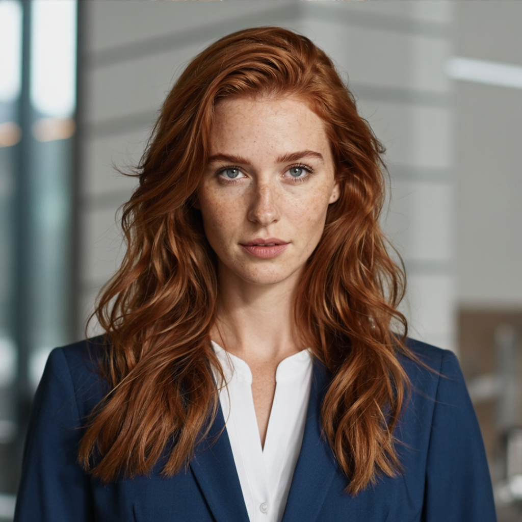 the same person in a tailored business suit in a modern office, confident pose