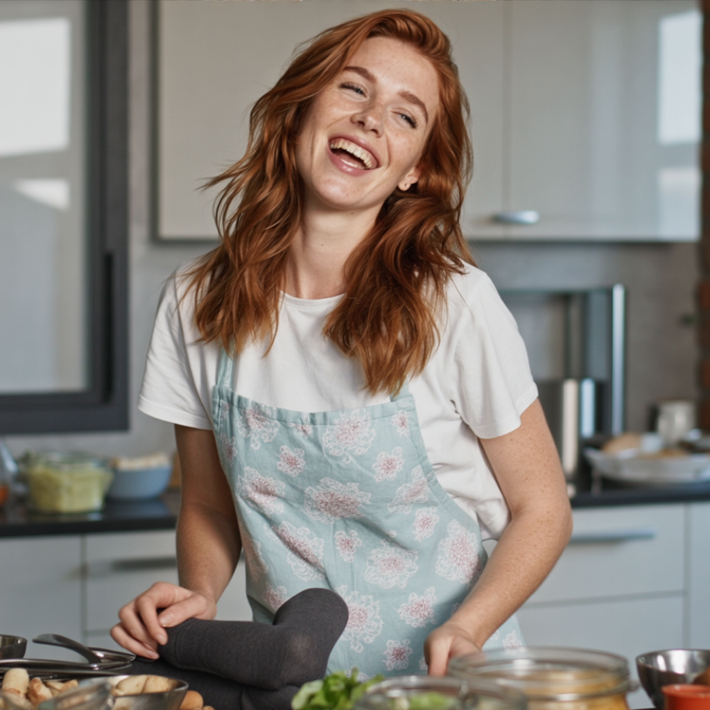 the same person cooking in a bright modern kitchen, wearing an apron, laughing