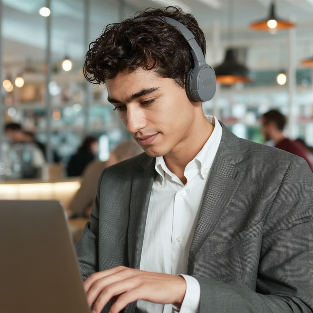 the same person working on a laptop at a modern cafe, headphones, focused