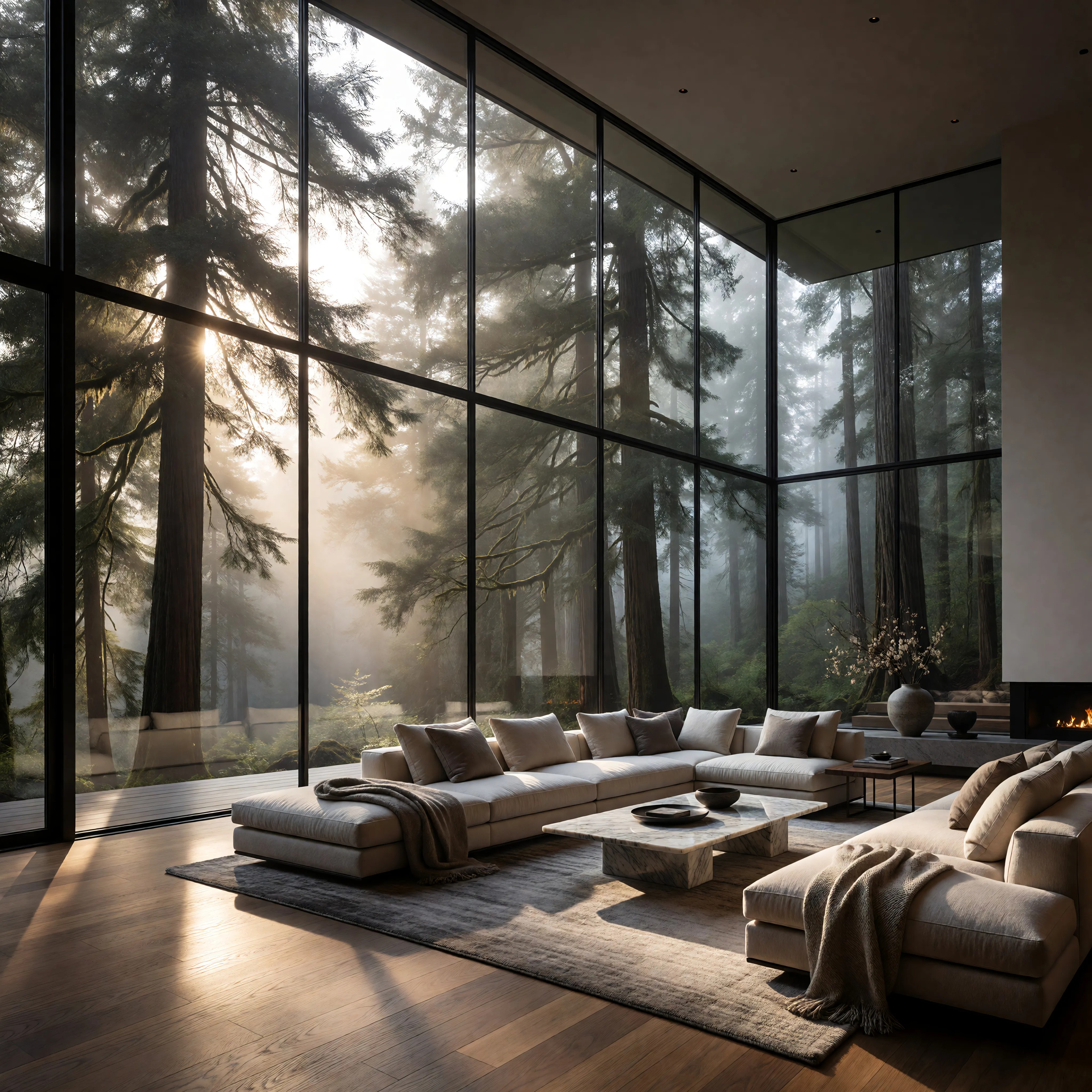 An elegant modern living room with floor-to-ceiling windows overlooking a misty forest, warm natural light