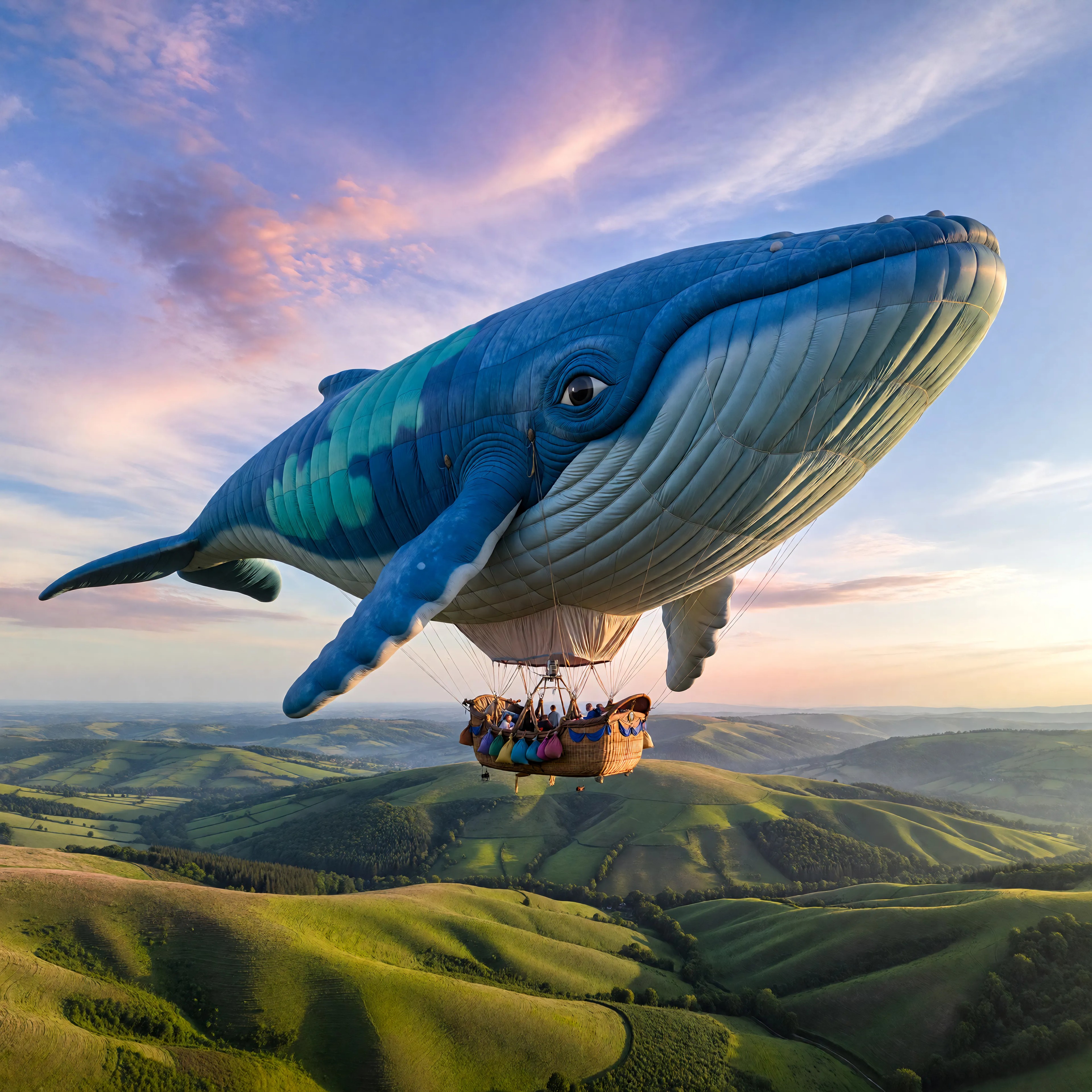 A whimsical hot air balloon shaped like a whale floating over rolling green hills, dreamy pastel sky