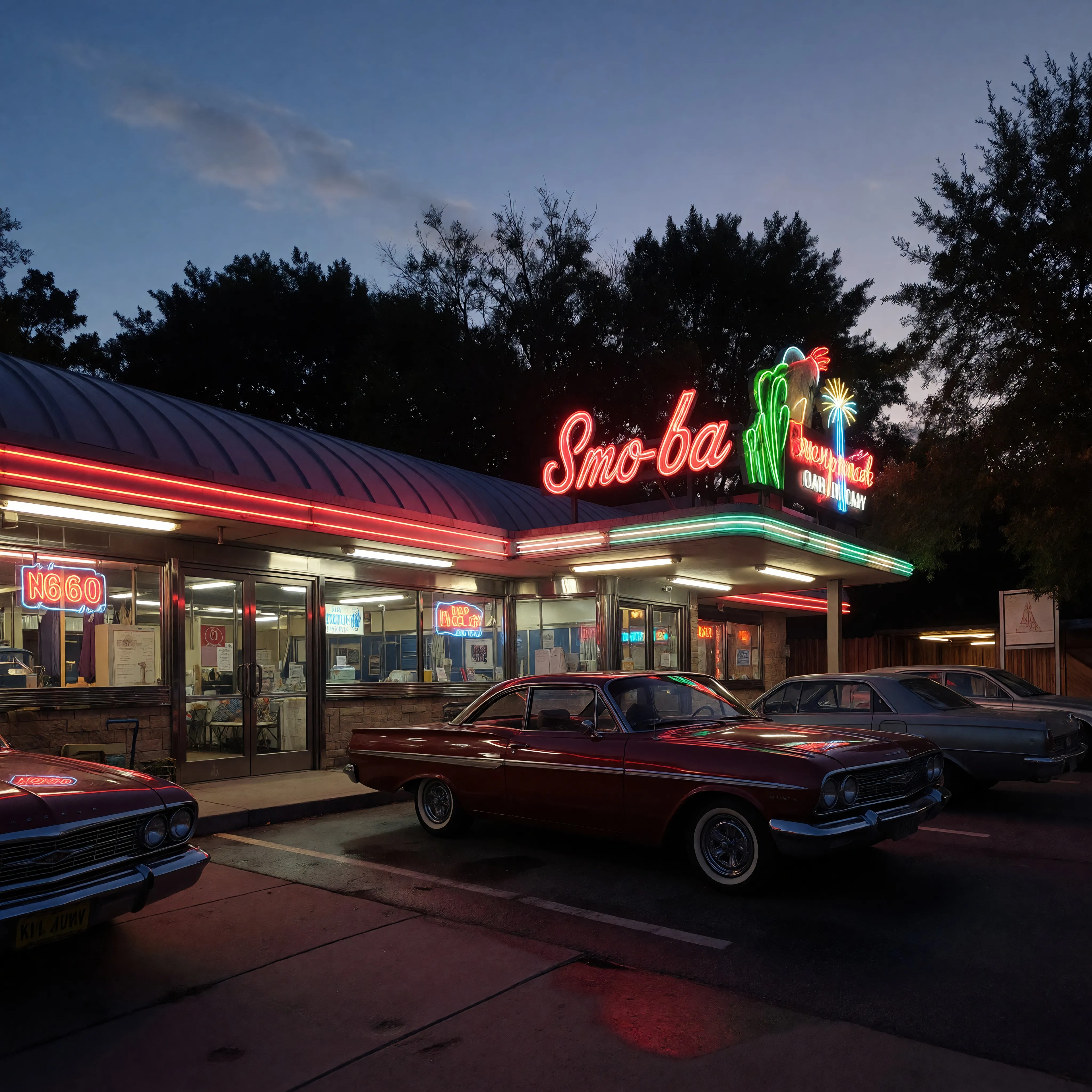 A retro 1960s diner at dusk, neon signs glowing, classic cars parked outside, nostalgic warm tones