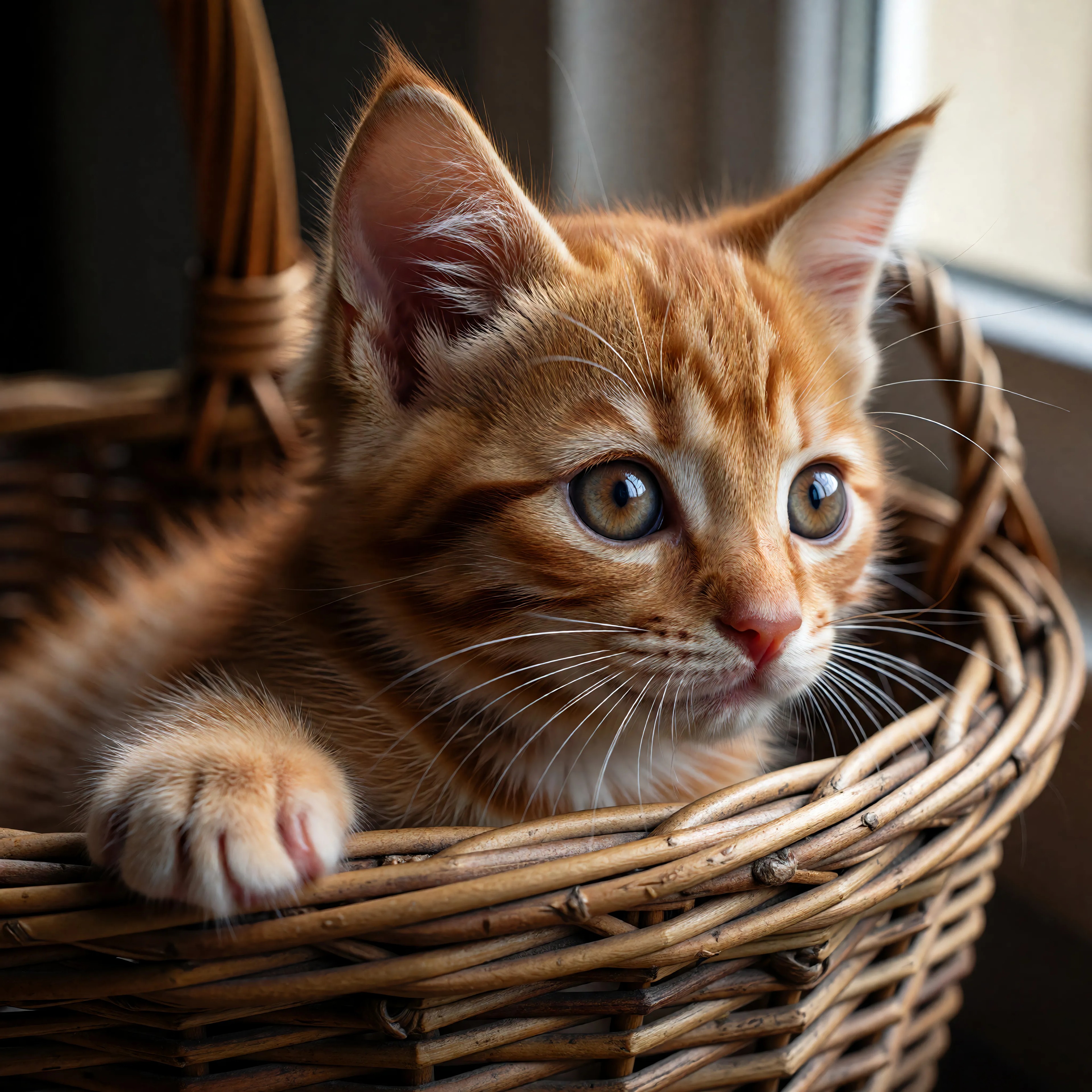 A curious orange tabby kitten peeking out of a wicker basket, soft window light, adorable detail