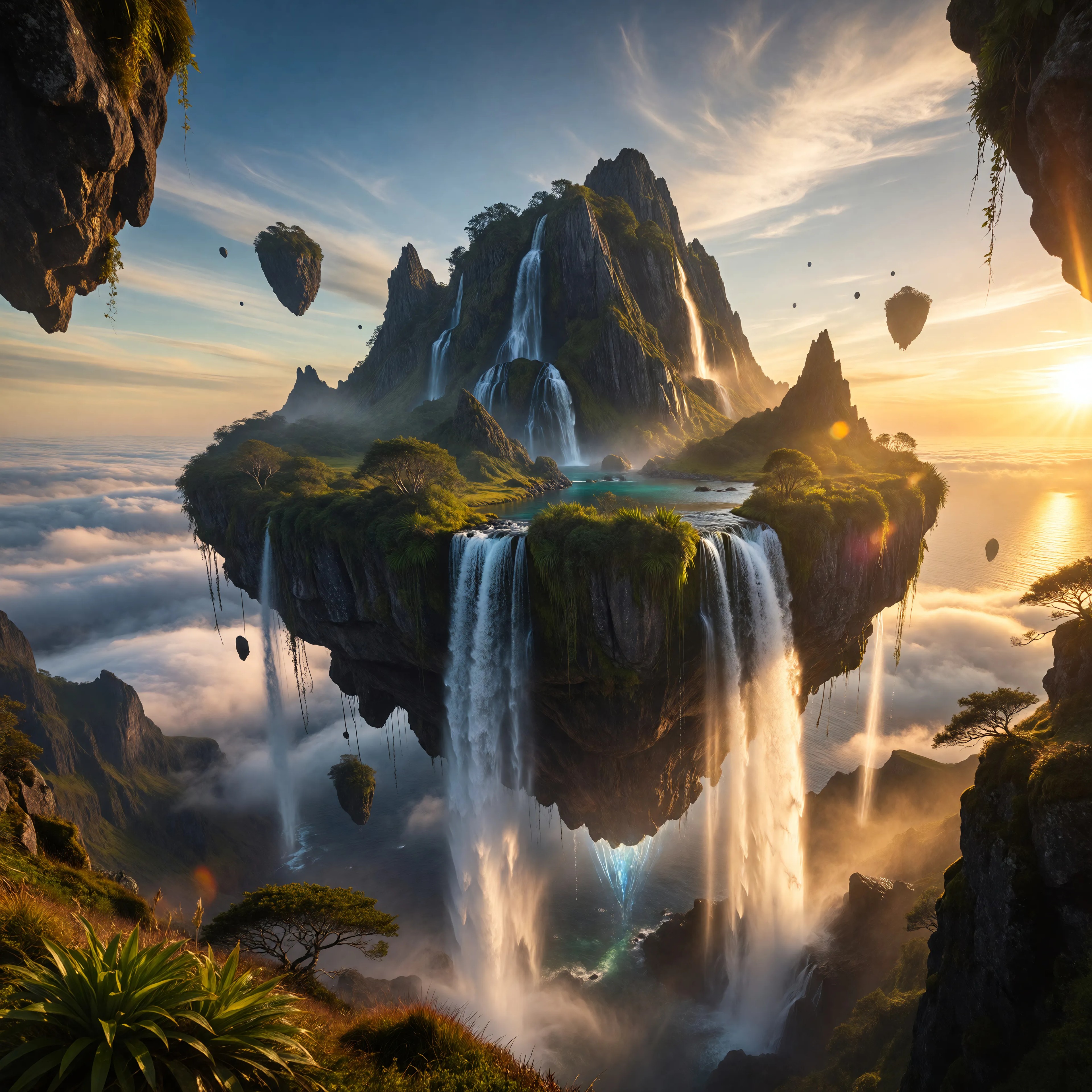 A surreal floating island with waterfalls spilling into the clouds, fantasy landscape, golden light