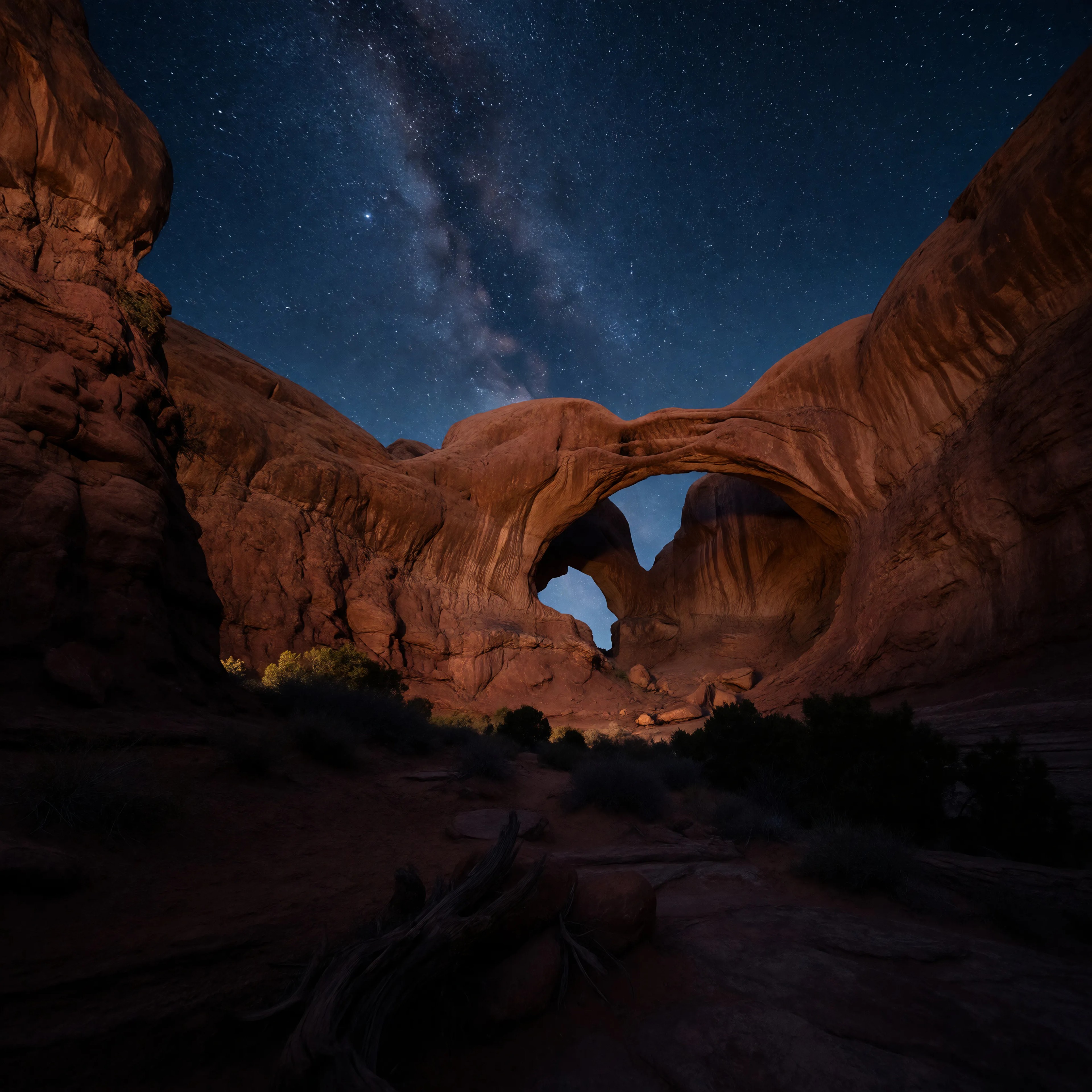 A dramatic desert landscape with towering red rock arches under a star-filled night sky, long exposure