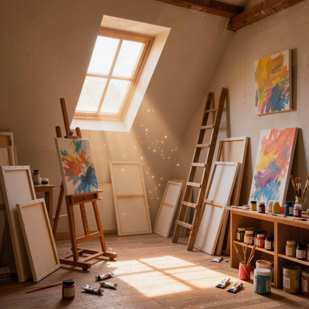 A cozy attic art studio bathed in afternoon sun, canvases and brushes everywhere, warm dust motes in the light
